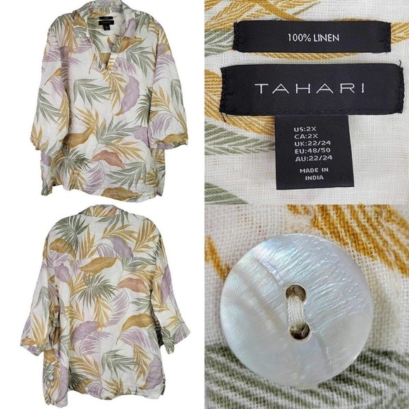 Tahari Tunic Shirt 100% Linen 3/4 Sleeve Popover Top Plus 2X Tropical Print - Picture 1 of 9